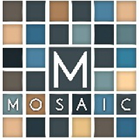 Grid of blue and beige tiles with a central "M" and the word "MOSAIC" below.