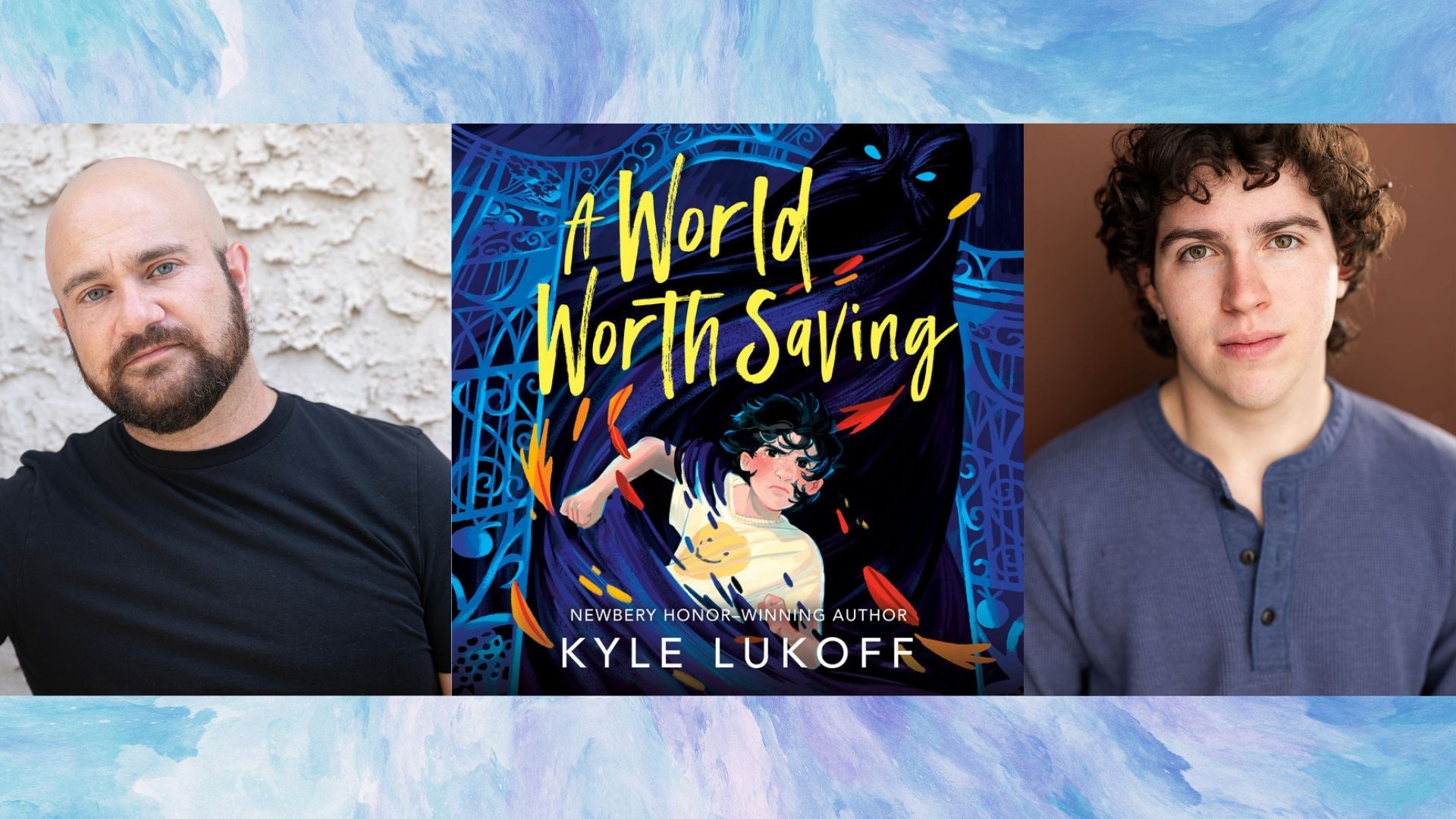 Two men flanking a fantasy book cover titled "A World Worth Saving" by Kyle Lukoff.