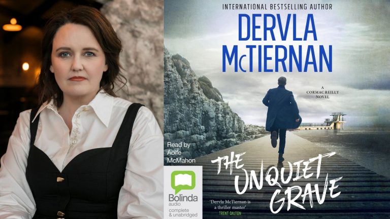 Woman beside a book cover featuring a man running on a pier.