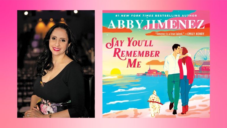 Split image with a woman on left and a book cover "Say You'll Remember Me" on right.