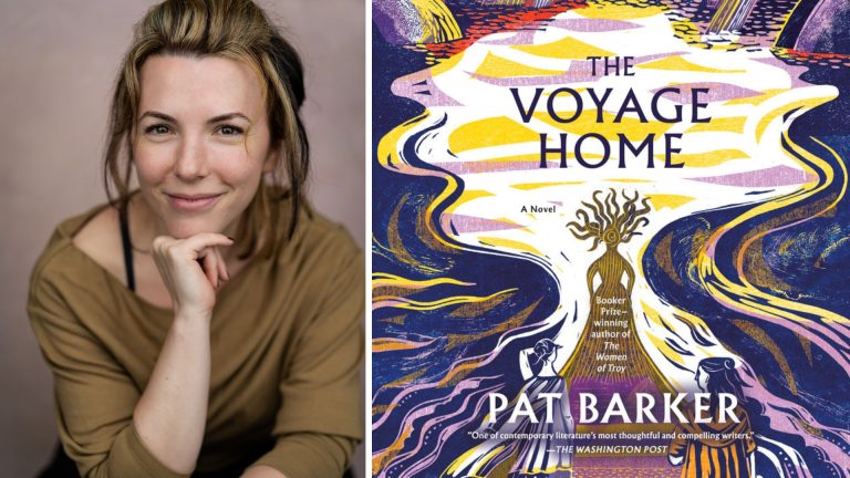 Woman smiling beside cover of "The Voyage Home" by Pat Barker.