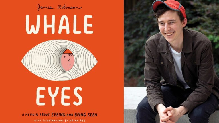Book cover titled "Whale Eyes" next to a smiling young man in a cap sitting outdoors.