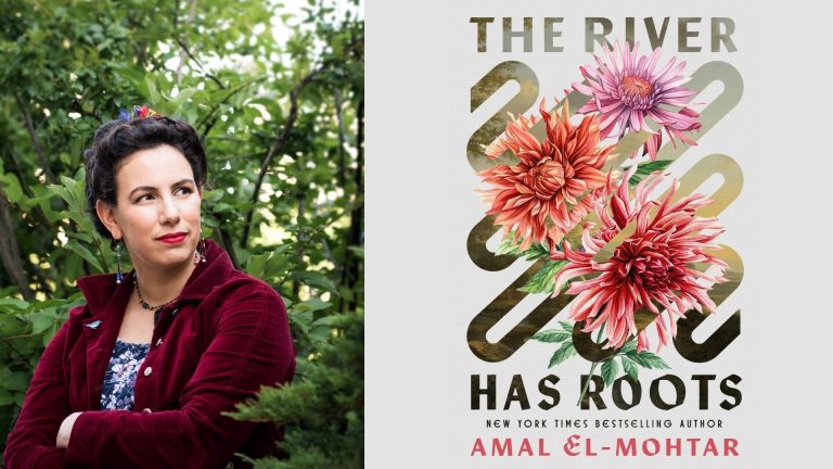 Woman looking thoughtful beside a book cover titled "The River Has Roots."